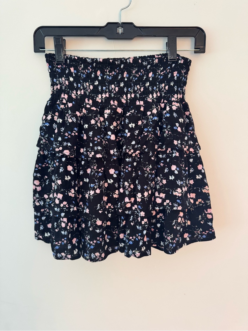 Aqua Girls Black Smocked Floral Mini Skirt with Pink & Blue Blossoms